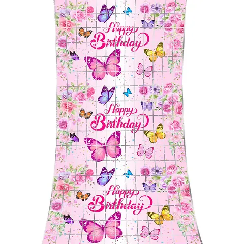 Butterfly Foil Fringe Curtain Happy Birthday Party Decoration Butterfly Rose Pattern Tinsel Curtain For Birthday Wedding Celebration