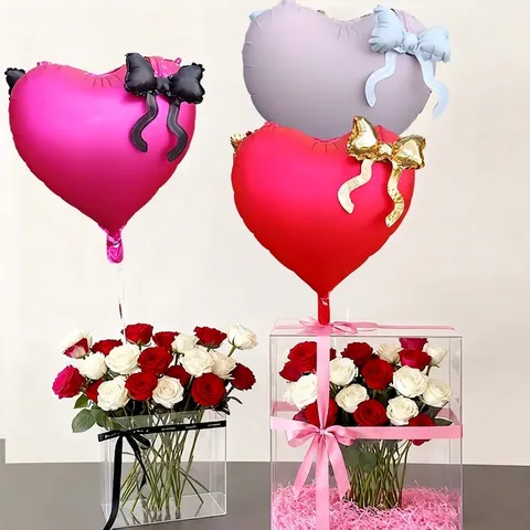 Heart Foil Balloon With 3D Bow Aluminum Foil Heart Shaped Balloons For Valentine Wedding Birthday Party Home Decorations