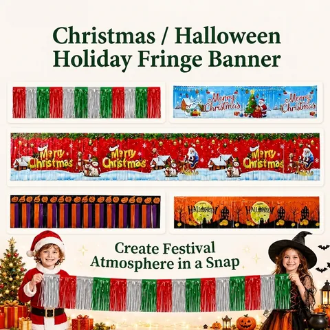 Merry Christmas Happy Halloween Foil Fringe Banner Streamers Holiday Party Wall Backdrop Decoration For Home Bar Office