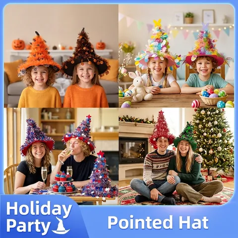 Halloween Christmas Witch Hat Tinsel Cedar Tree Shape Sequin Holiday Party Decoration Hat For Easter Independence Day Party Props Accessory