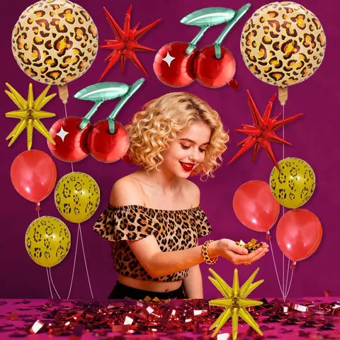 Leopard Print Cherry Balloon Set Aluminum Foil Latex Balloons Wild Lips Heart Decorations For Birthday Valentine Party