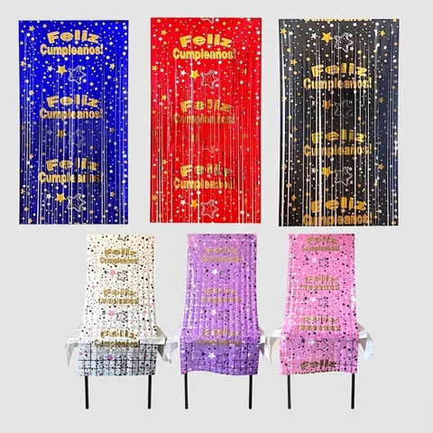 Feliz Cumpleaños Spanish Birthday Foil Fringe Curtain Metallic Tassel Backdrop Party Event Decor Square Star Pattern