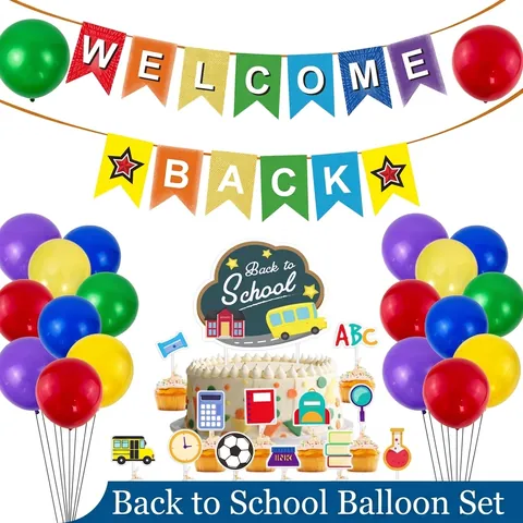 Back To School Party Decorations Kit Welcome Back Banner Balloon Set With Cake Toppers Classroom Reopening Celebration Supplies