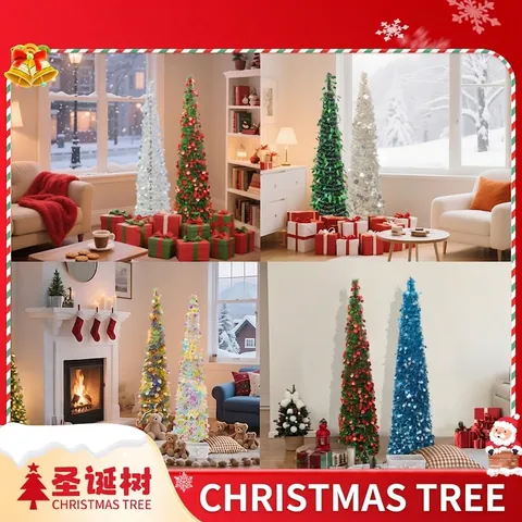 Collapsible Pop-up Christmas Tree With LED Lights Sparkly PET Tinsel Sequin Slim Pencil Tree For Home Party Office Holiday Decor