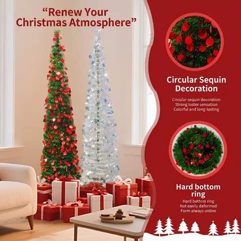Collapsible Pop-up Christmas Tree With LED Lights Sparkly PET Tinsel Sequin Slim Pencil Tree For Home Party Office Holiday Decor