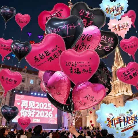 2026 Happy New Year Heart Shaped Aluminum Foil Balloons Metallic Rose Red Black Balloon For Proposal Wedding Party Venue Decor