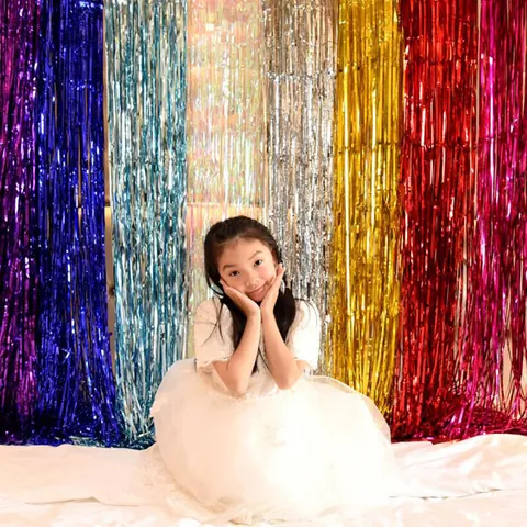 Metallic Laser Tinsel Foil Fringe Curtain 2x1m Birthday Party Wedding Backdrop Christmas Halloween Event Door Streamer Decor
