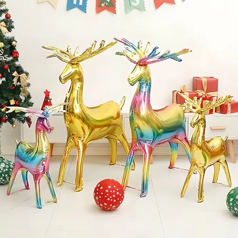 Christmas Standing Reindeer Sleigh Aluminum Foil Balloon Festive Party Home Decoration Gold Rainbow Reindeer Helium Balloon