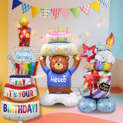 Großer Stehender 3D Geburtstagskuchen Bär Aluminiumfolie Ballon Cartoon Kerze Cupcake Form Für Kinder Party Dekoration Innen