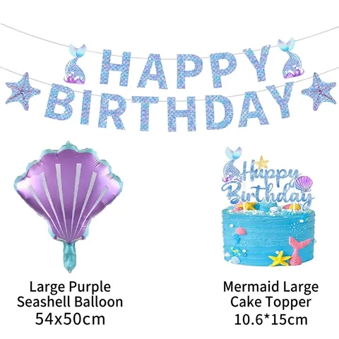 Décoration de Fête d'Anniversaire Thème Sirène Bannière Happy Birthday Ballon en Aluminium Coquillage Ballon en Latex Style Marin