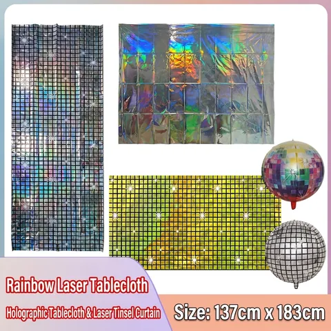 Disco Party Decorations Holographic Laser Tablecloth Foil Fringe Curtain 4D Balloons For Birthday Christmas Bar Decor