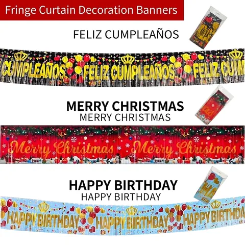 Metallic Tinsel Fringe Curtain Banner Christmas Birthday Party Decorations Merry Christmas Feliz Cumpleaños Door Backdrop Banner