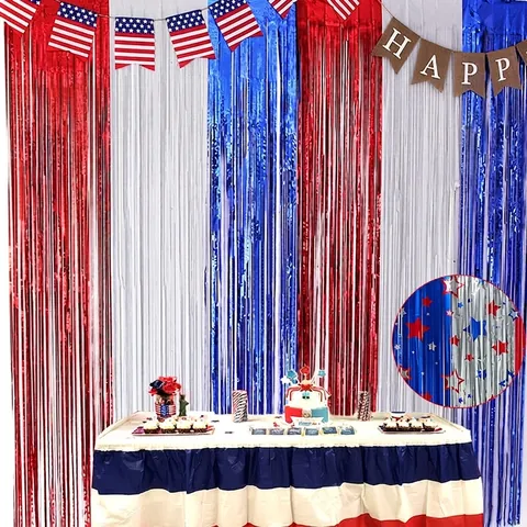 Independence Day Foil Fringe Curtain Stars Stripes Patriotic Party Tablecloth Table Skirt Banner For July 4th Celebration Decorations