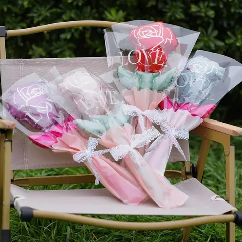 Aluminum Foil Rose Sunflower Balloon Bouquet with LOVE Letter Printed Lace Bow for Mother Day Valentine Wedding Party Decor