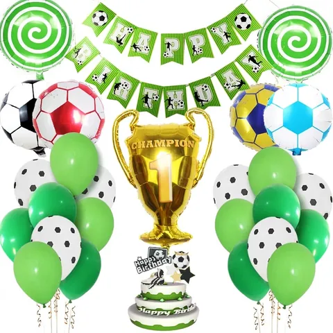 Soccer Birthday Party Decoration Set Aluminum Foil Balloon Champion Trophy Banner Cake Topper Football Sports Theme Decor