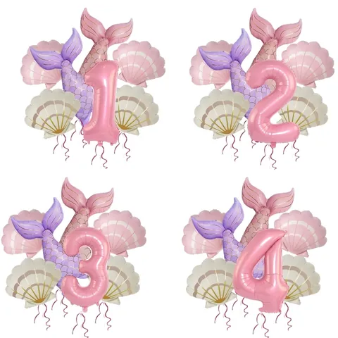 Retro Mermaid Theme Balloons Matte Shell Fish Tail Birthday Party Decoration Props Aluminum Foil Number Balloons