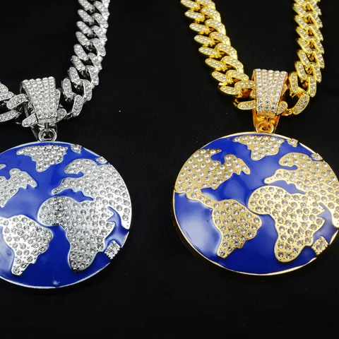 Hip Hop Iced Out Earth Globe Pendant Necklace For Men Women Alloy Rhinestone Cuban Link Chain Enamel Map Pendant Jewelry