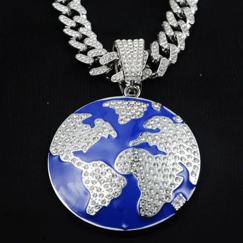 Hip Hop Iced Out Earth Globe Pendant Necklace For Men Women Alloy Rhinestone Cuban Link Chain Enamel Map Pendant Jewelry