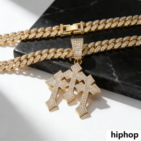 Hiphop Triple Layered Cross Pendant Necklace For Men Women Zinc Alloy Iced Out Rhinestone Cuban Link Chain Jewelry