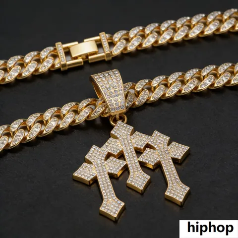 Hiphop Triple Layered Cross Pendant Necklace For Men Women Zinc Alloy Iced Out Rhinestone Cuban Link Chain Jewelry