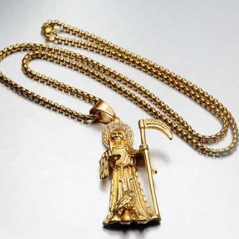 Hip Hop Santa Muerte Death Grim Reaper Pendant Necklace Gold Plated Titanium Steel Rhinestone Gothic Jewelry For Men Women