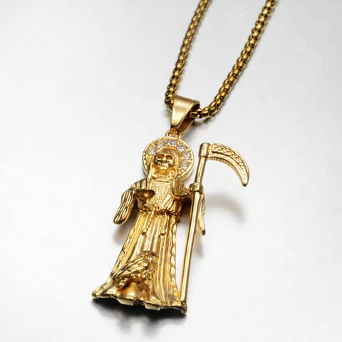 Hip Hop Santa Muerte Death Grim Reaper Pendant Necklace Gold Plated Titanium Steel Rhinestone Gothic Jewelry For Men Women