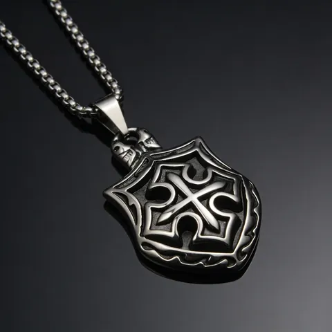 Collar con Colgante de Cruz de Escudo de Acero de Titanio Hip Hop para Hombres Mujeres Joyería de Streetwear Gótica Retro