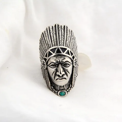 Retro Stainless Steel Indian Chief Head Ring Punk Hip Hop Inlaid Finger Ring Feather Headdress Men Jewelry Gift