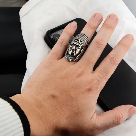 Retro Stainless Steel Indian Chief Head Ring Punk Hip Hop Inlaid Finger Ring Feather Headdress Men Jewelry Gift