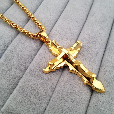 Hip Hop Cross Pendant Necklace 18K Gold Plated Alloy Wheat Chain Urban Streetwear Jewelry For Men Women Daily Party Decor