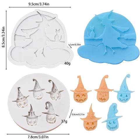 Stampo in Silicone Halloween Strega che Cavalca la Scopa Zucca Cappello Silhouette Fondente DIY Decorazione Torte