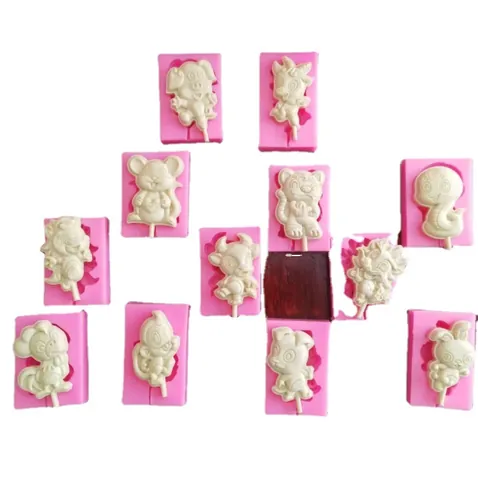 Chinese Zodiac Lollipop Silicone Mold Cartoon Animal Chocolate Candy Biscuit Decoration Baking Tool DIY Cake Ornament Mold