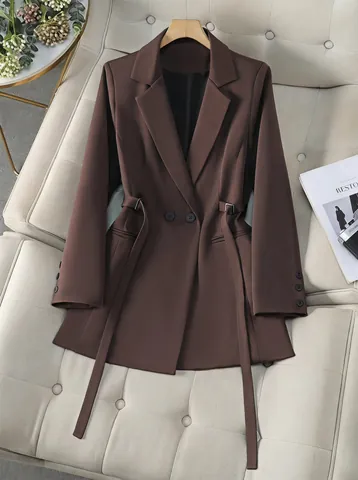 Dames Blazer met Dubbele Knoppen Revers Slim Fit Taille met Riem Donkerbruin Geweven Kantoor Woon-werkverkeer Jas