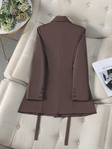 Dames Blazer met Dubbele Knoppen Revers Slim Fit Taille met Riem Donkerbruin Geweven Kantoor Woon-werkverkeer Jas