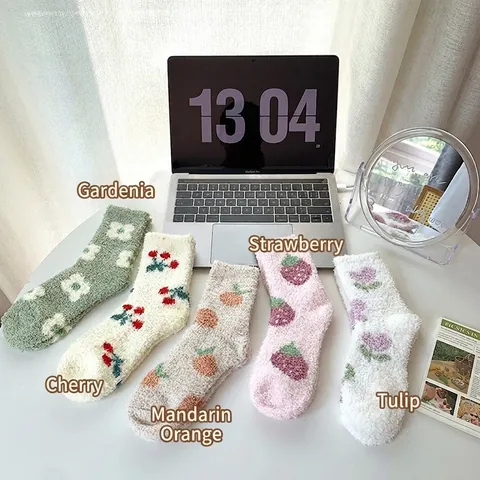 Women's Japanese Style Coral Fleece Socks Fuzzy Thermal Sleeping Socks Warm Floor Socks With Cartoon Fruit Floral Pattern For Winter