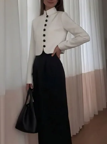Women New Chinese Style Mandarin Collar Blazer Polyester Thin Summer Short Slim Fit Blazer Single Breasted Top With Black Buttons