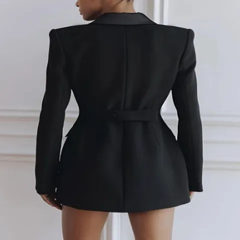 Women Elegant Double-Breasted Blazer Jacket V Neck Slim Fit Satin Lapel Long Sleeve Mid-Length Office Wear Solid Suit Top