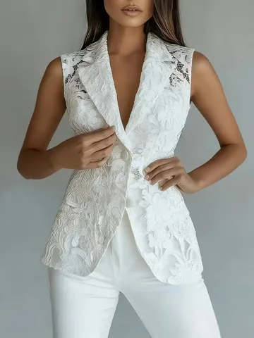 Women Elegant Lace Sleeveless Blazer Vest Notch Lapel Single Breasted Slim Fit Waistcoat Office Lady Commute Style Top