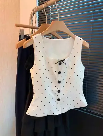 Women Polka Dot Sleeveless Peplum Vest Vintage Slim Fit Waistcoat With Bowknot Polyester Printed Summer Top