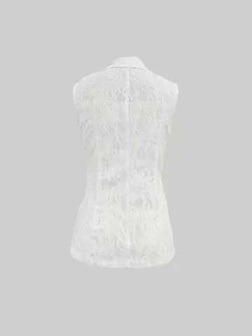 Women Elegant Lace Sleeveless Blazer Vest Notch Lapel Single Breasted Slim Fit Waistcoat Office Lady Commute Style Top