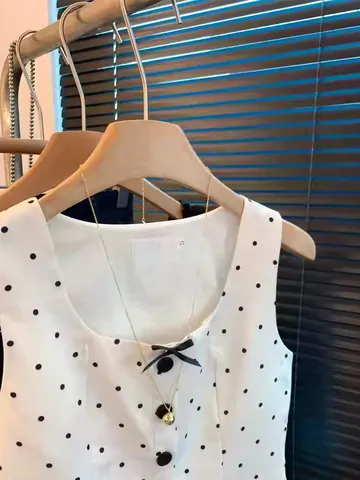 Women Polka Dot Sleeveless Peplum Vest Vintage Slim Fit Waistcoat With Bowknot Polyester Printed Summer Top