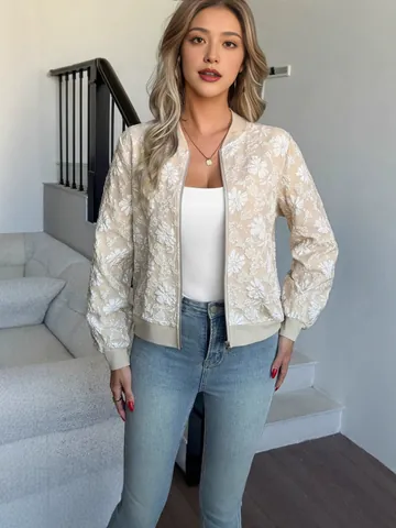 Luxury Style Women Floral Jacquard Baseball Bomber Jacket Short Casual Zip Up Outerwear Vintage Inspired Spring Autumn Coat