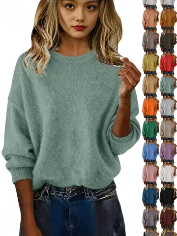 Suéter de Poliéster Holgado Vintage para Mujer Color Sólido Suave Cuello Redondo Manga Larga De Punto Para Otoño Invierno