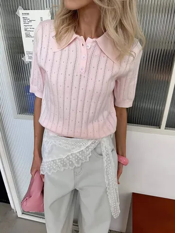 Polo in Maglia Dolce con Righe Traforate Monopetto Manica Corta Stile Francese Top in Poliestere da Donna Maglieria Estiva Elegante