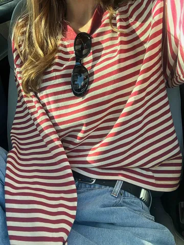 Western Retro Contrast Striped Long Sleeve T-Shirt Women Loose Casual Round Neck Oversized Lazy Style Streetwear Top