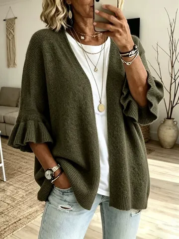 Dames Grote Maten Gebreid Vest Casual Losse Ruffle Flare 3/4 Mouw Open Voorkant Effen Kleur Gebreide Trui Jas