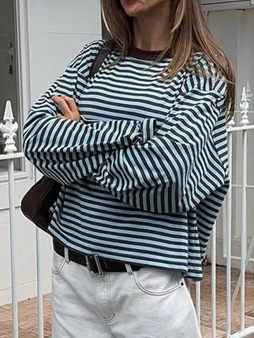Western Retro Contrast Striped Long Sleeve T-Shirt Women Loose Casual Round Neck Oversized Lazy Style Streetwear Top