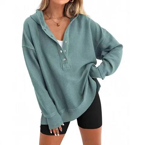 Women's Casual Waffle Knit Hoodie Henley V-Neck Button Front Pullover Loose Raglan Long Sleeve Solid Color Sweatshirt Top