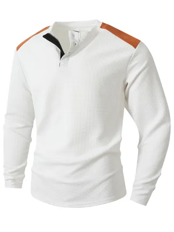 Men's Waffle Knit Henley Shirt Color Block Patchwork Long Sleeve Casual Pullover Top For Men Everyday Fashion Sport Apparel
