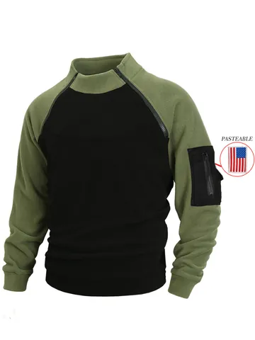 Heren Verdikt Koraalvlies Opstaande Kraag Pullover Tactisch Contrastkleur Sweatshirt Met Mouwzak Lange Mouw Top